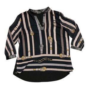 Blouse Long-sleeved black and beige stripes, belt buckle pattern